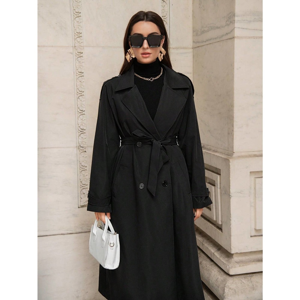 Double Breasted Belted Trench Coat long black - Picture 2 of 6